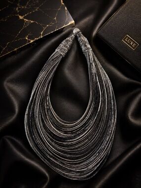 Boho Luxe Multi Silk Strand Silver Statement Bib/Necklace, Runway Glam Jewelry